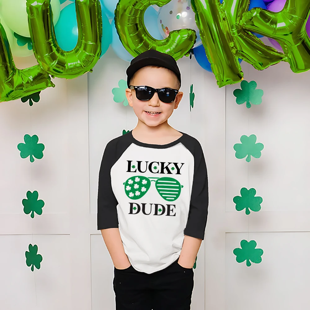 Lucky Dude Printed Kids Shirts St. Patrick's Day Party Boys Girls Outfit T-shirt Holidy Children Raglan Long Sleeve Tops Clothes