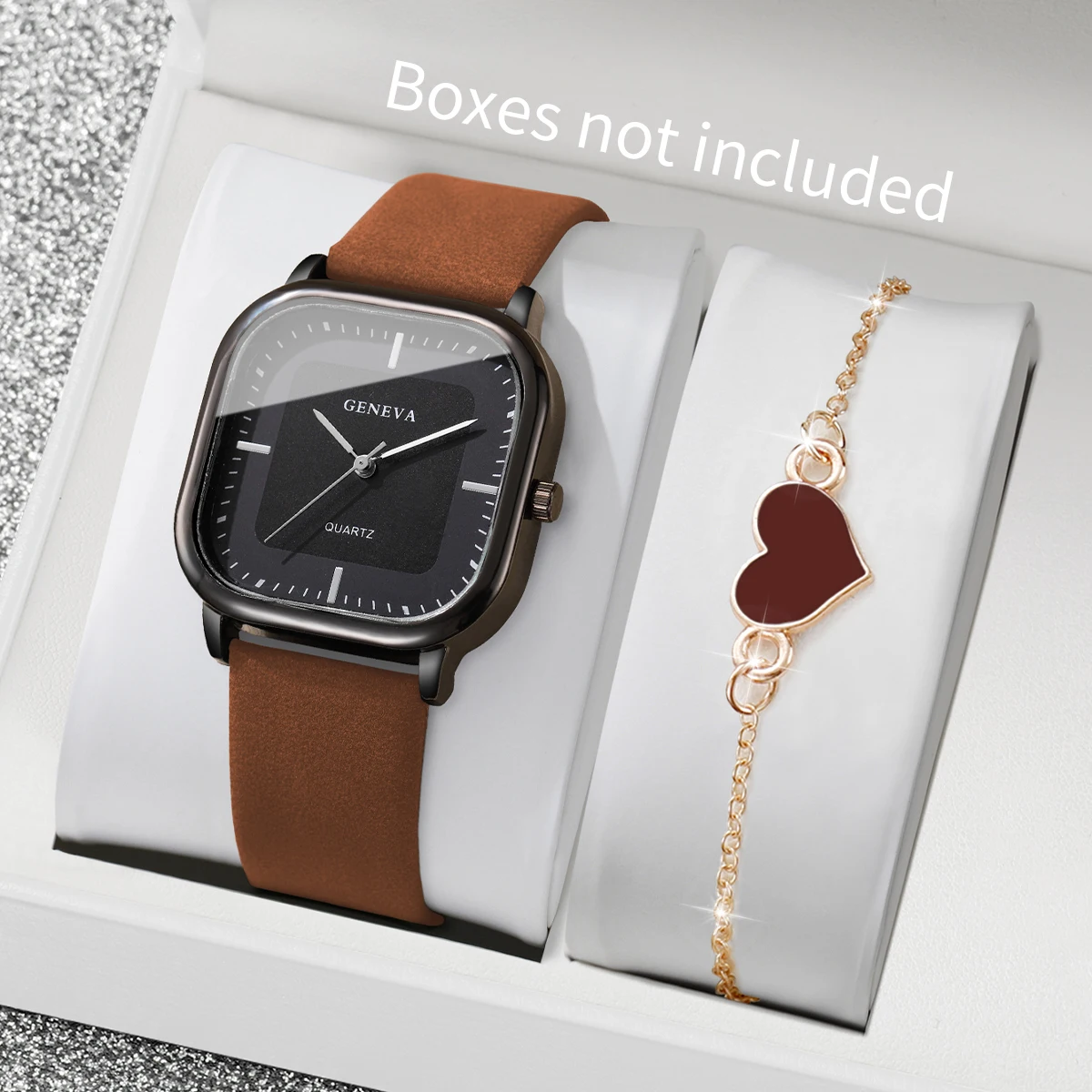 2PCS Fashion Square Women Watch Heart Bracelet Set Ladies Casual Leather Strap Quartz Wristwatch Reloj Mujer (Without Box)