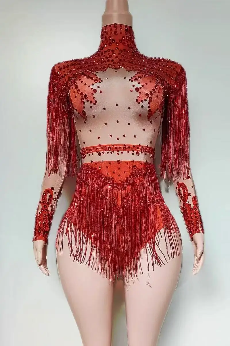 Birthday Party Nightclub Dj Stage Performance Costume Women Sparkly Rhinestone Sequin Tassel Stretch Bodysuits