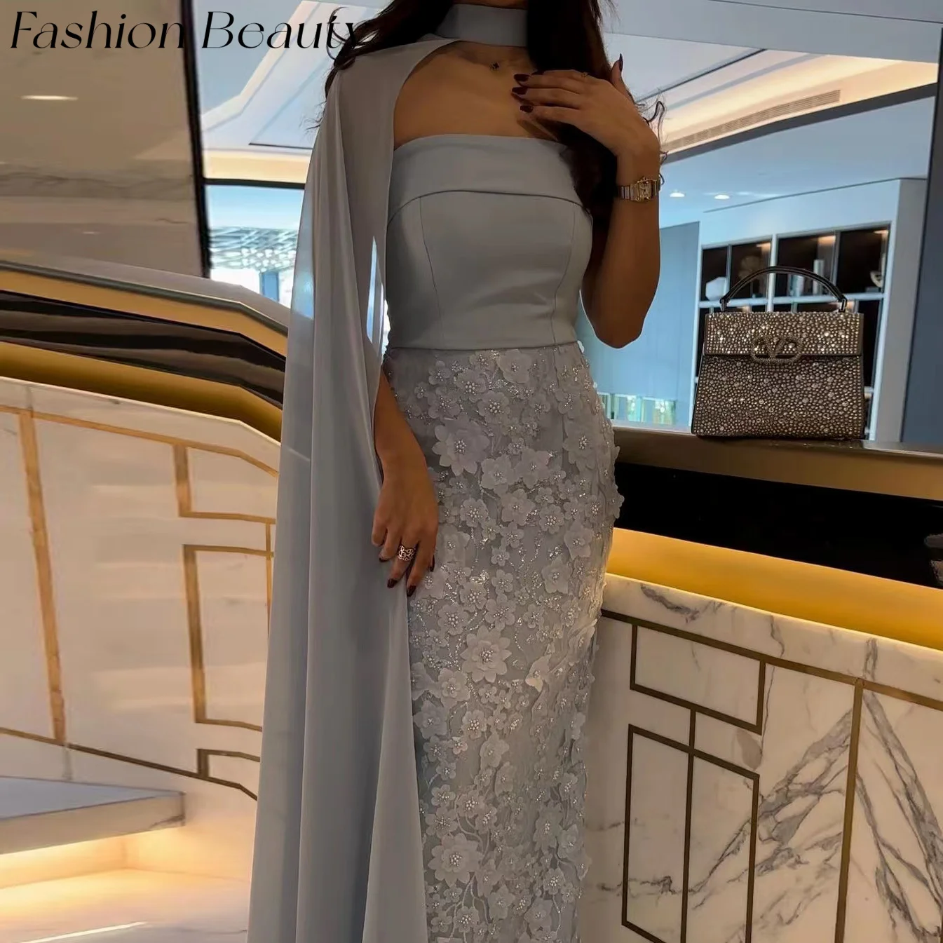 Fashion Beauty Sky Blue Evening Dresses Strapless Two-Piece Flower Bead Elgeant Formal Party Dress For Women 2024 فساتين السهرة