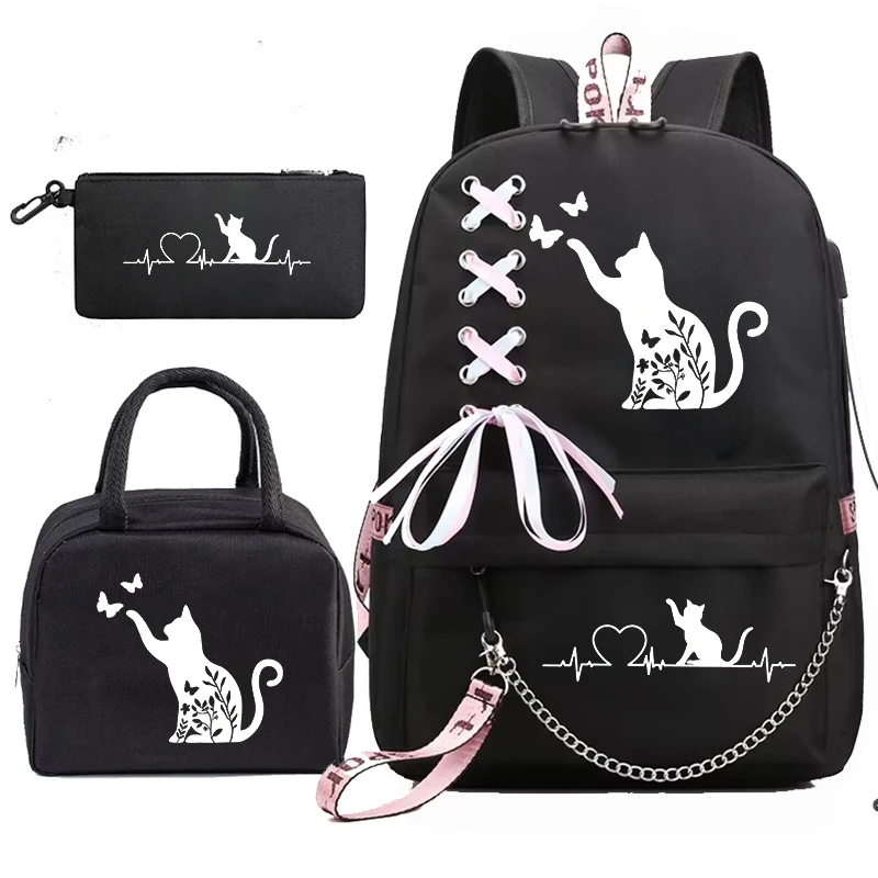Mochila Escolar para Adolescentes, Mochila con Estampado de Gato Minimalista de Dibujos Animados, Bolsas Escolares con Loncheras Portátiles, Mochila 3 Piezas