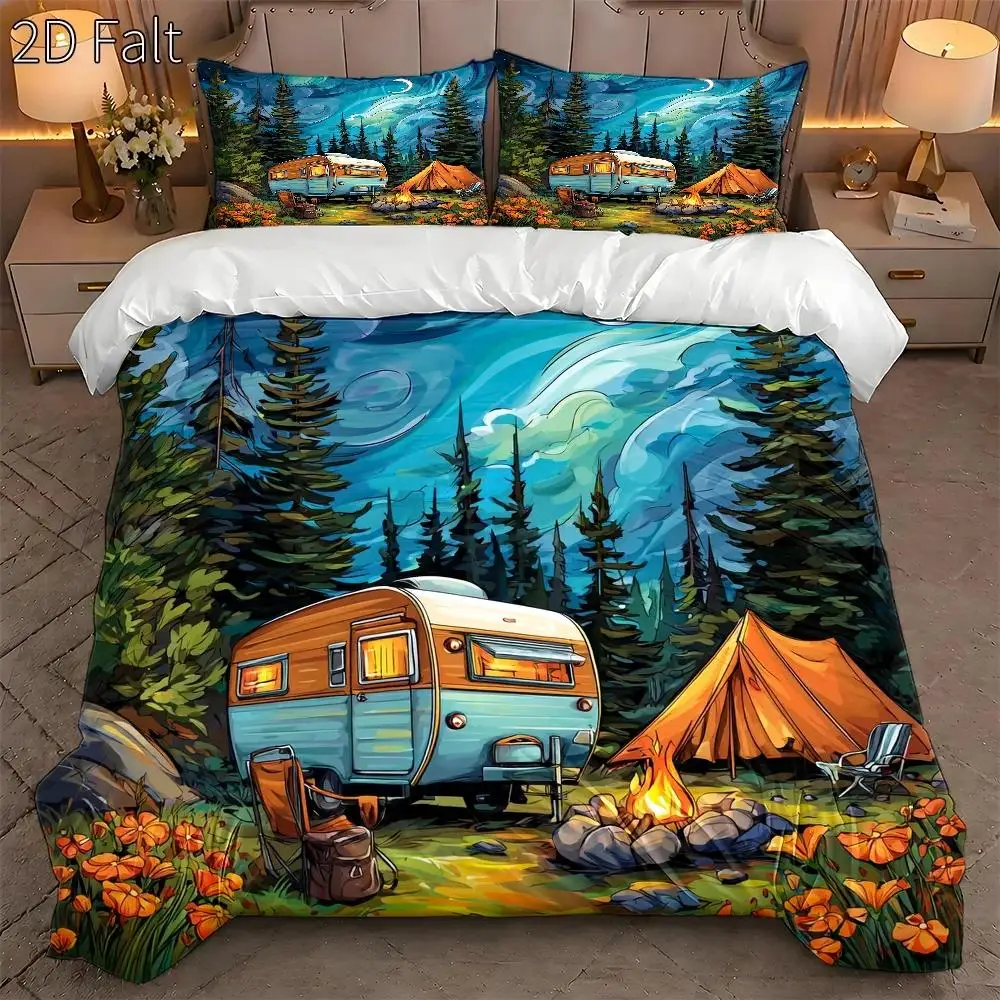 3-Piece Quilt Cover Set, 1 Quilt Cover + 2 Pillowcases (Without Filling), Zippered Quilt Cover Set, Starry Sky Camping Rv and Tent Theme, Suitable for All Seasons, Machine Washable, Invisible Zipper, 3-Piece Bedding Set