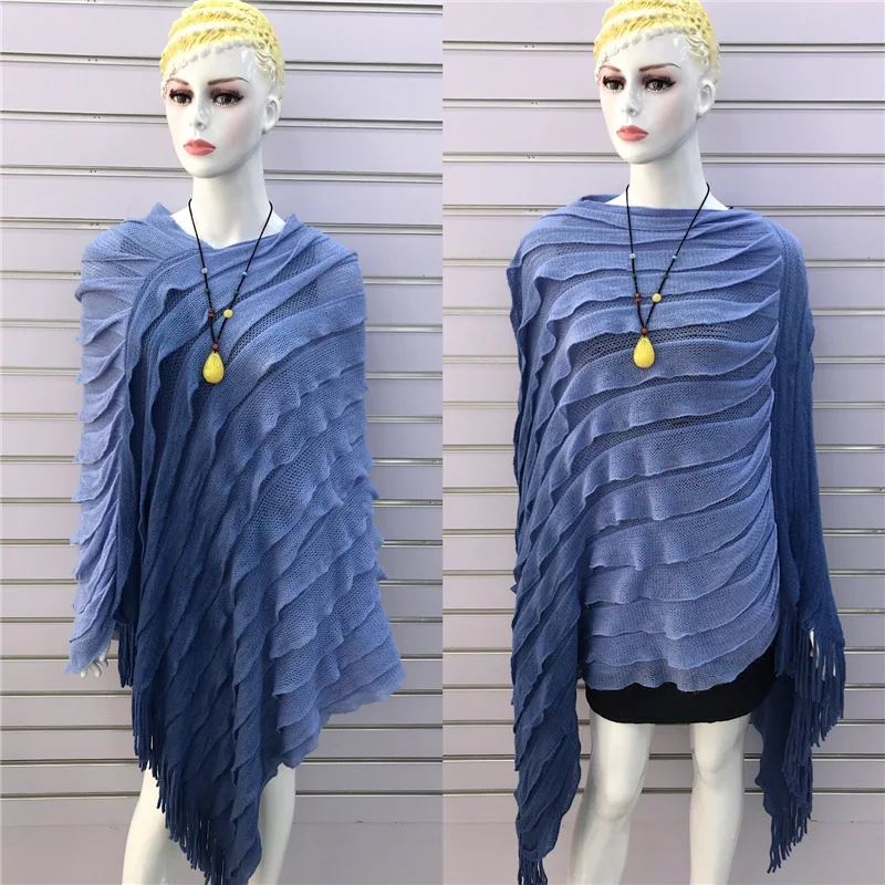 2022 Spring Autumn New Women Loose Irregular Tassel Cloak Shawl Lady Knitted Poncho Cape Female Sweater Coat Blue