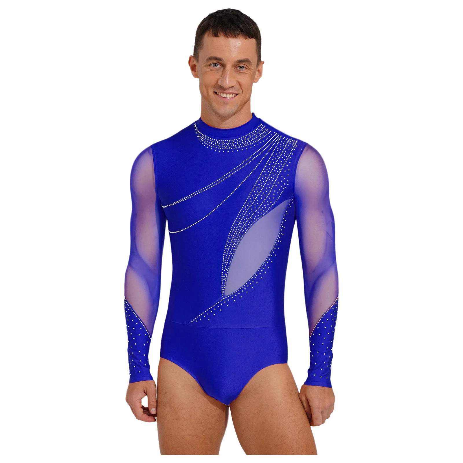 

Men Gymnastics Jumpsuit Tango Chacha Latin Dance Bodysuit Shirt Top Mesh Long Sleeve Acrobatics Figure Skating Leotard Dancewear