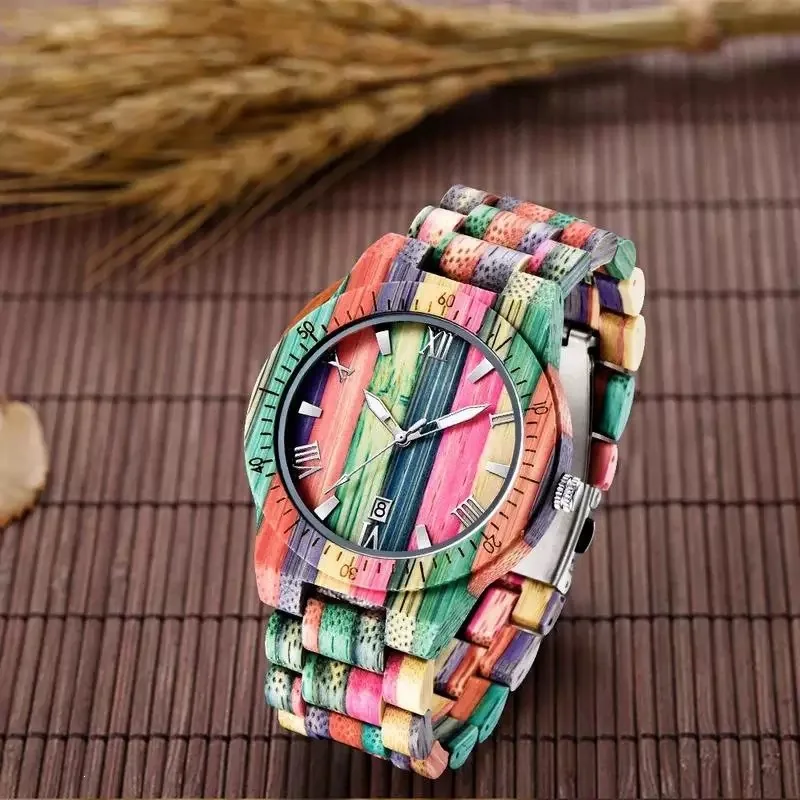 Wooden Watches for Men Handmade Colorful Bamboo Engraved Wood Watch Analog Quartz Men's Wooden Watch