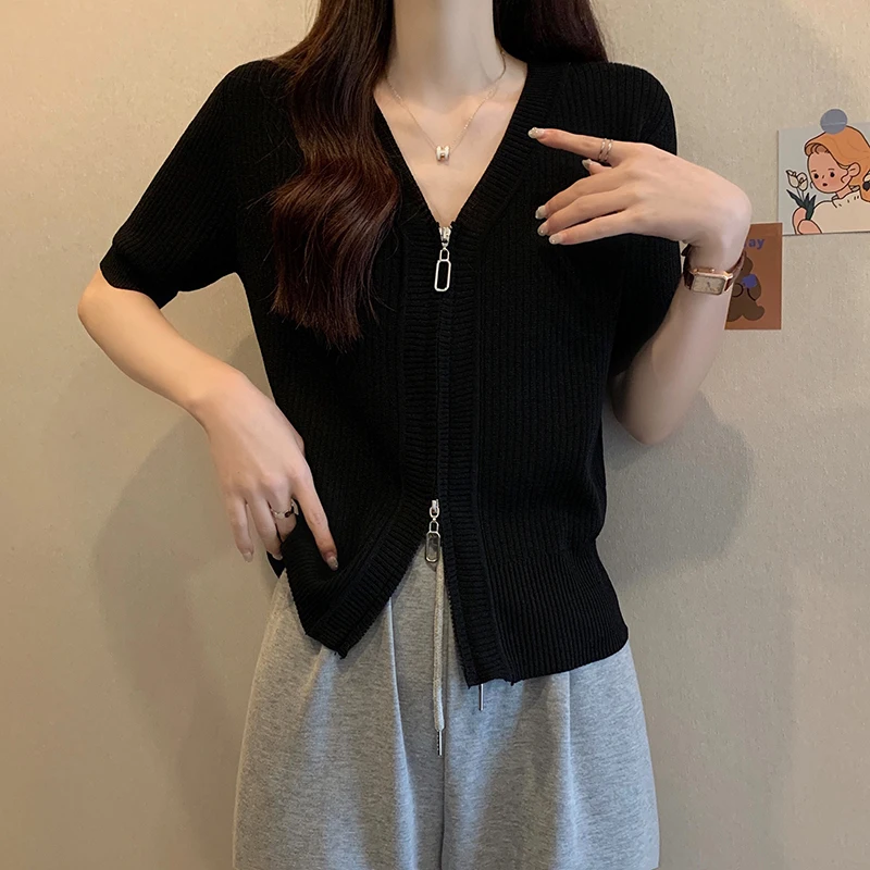 2023 New Women's cardigan V-neck short sleeved white black Solid Korean summer boutique exquisite cardigan Oversized Sweater