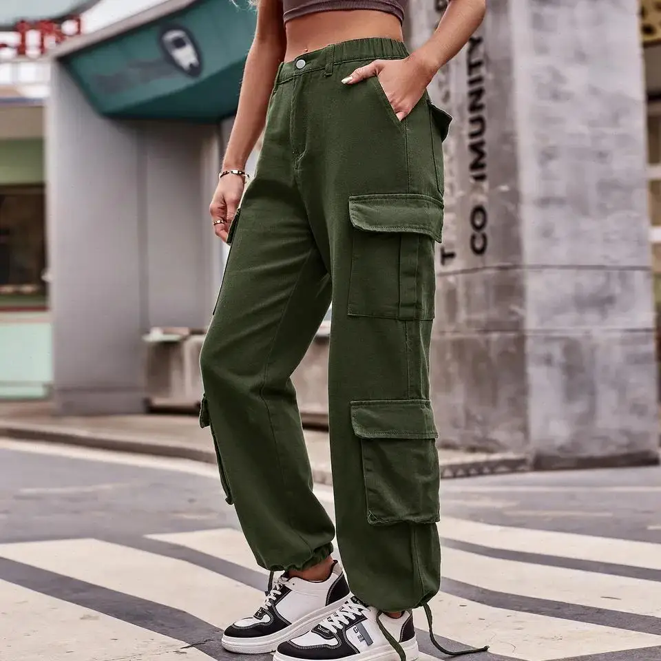 Jeans Women Cargo Pants 2025 Autumn Streetwear Denims Multiple Pockets Mid Waist Drawstring Straight Ankle Length Trousers