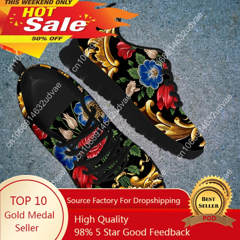 Women Golden Baroque Flowers Flat Shoes Lady Luxury Retro European Floral Sneakers Breathable Mesh Female Footwear