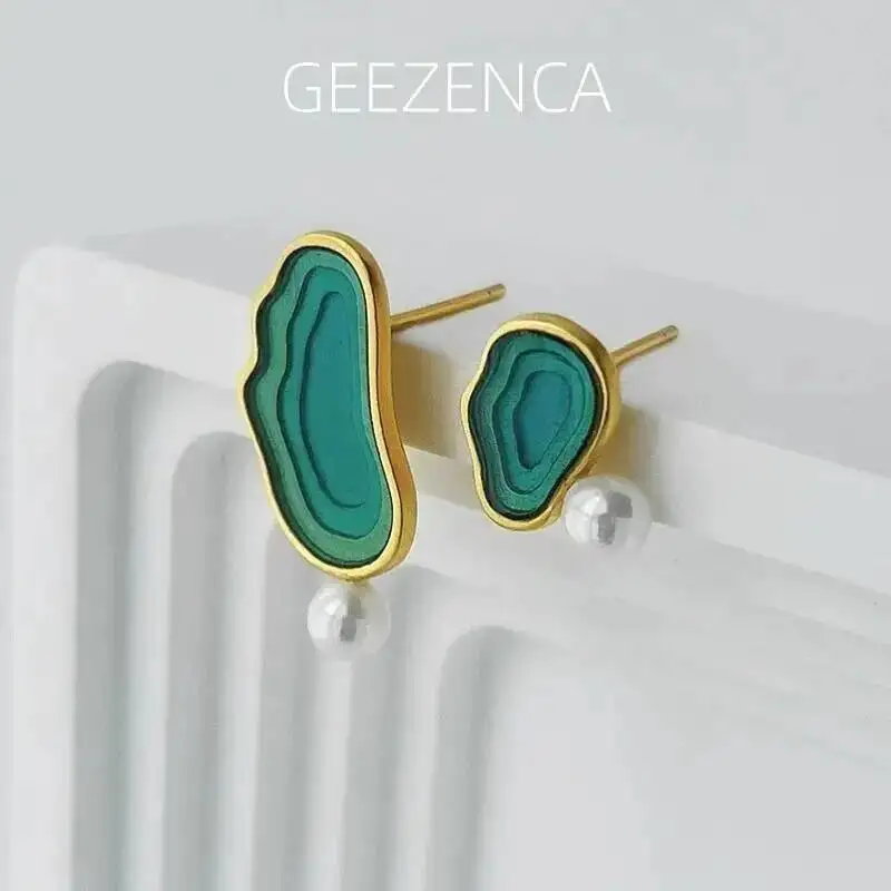 

GEEZENCA 925 Sterling Silver Colorful Epoxy Shell Pearl Stud Earrings Women Original Design AB Asymmetric Chic Earring