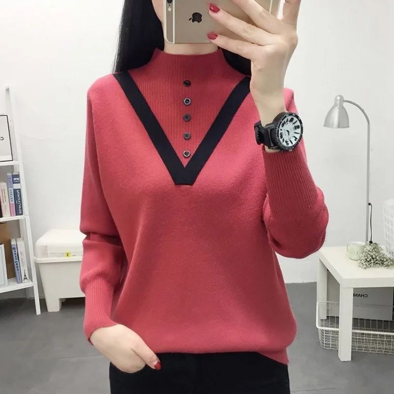 Autumn Winter Women's Turtleneck Solid Screw Thread Pullover Button Long Sleeve Sweater Knitted Undershirt Fashion Casual Tops