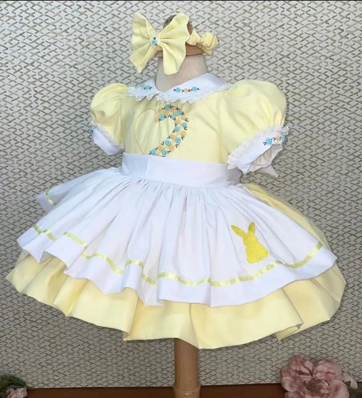 0-12Y Baby Girl Summer  Yellow  Handmade Rose Rabbit Embroidery Dress for Birthday Photography Baptism Eid Casual   B130