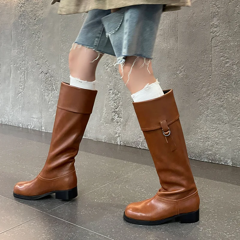 Arden Furtado Metal buckle cowhide Riding boots Round toe Pull-on Middle heel Knee high boots Large size Women's Boots