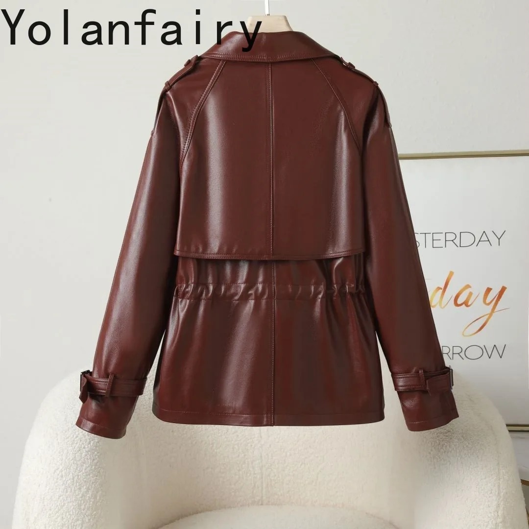 YOLANFAIRY Autumn Genuine Leather Jacket Women Water Wax Semi Vegetable Tanned Sheepskin Real Leather Coat Fashion Outerwear