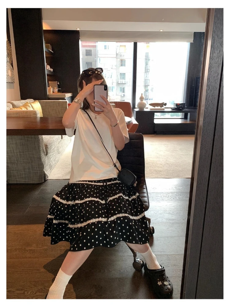 

Summer Lace New Polka Dot Cake Skirt Women Japanese Sweet Casual Loose Short Skirts Female Designer Chic Kawaii Thin Outfits