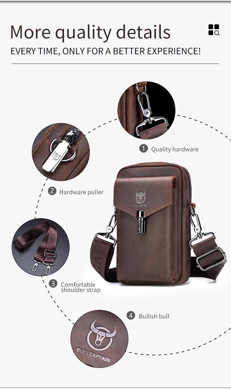 BULLCAPTAIN Crazy Horse Leder Herren Gürteltasche Handy-Hüfttasche Oberste Schicht Rindsleder Einzel-Schulter Crossbody Handytasche – Detail 9