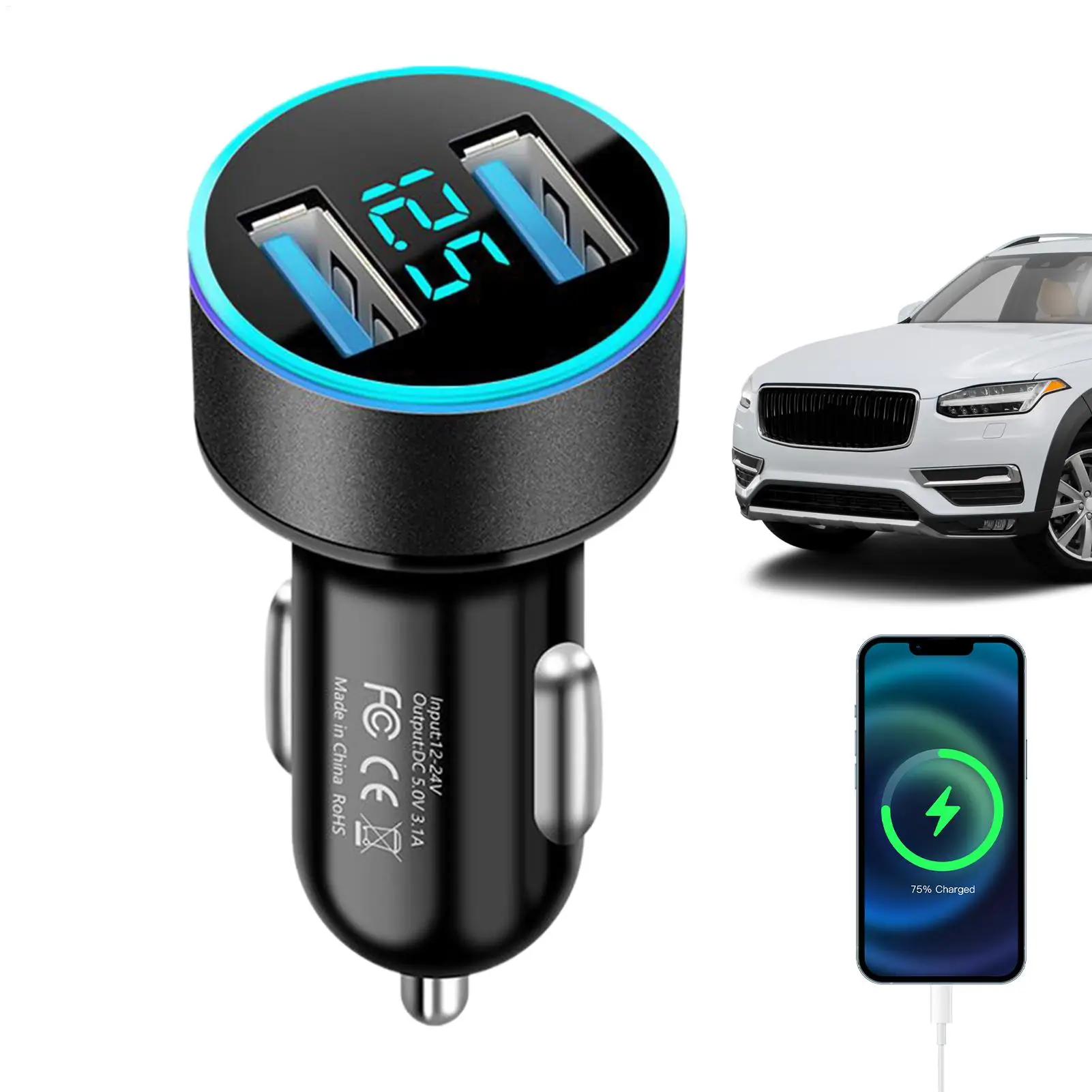 1pcDouble USB Car Charger With Voltmeter Socket Power Outlet Adapter For Car Digital Display Multi-functional Smart Car Charger
