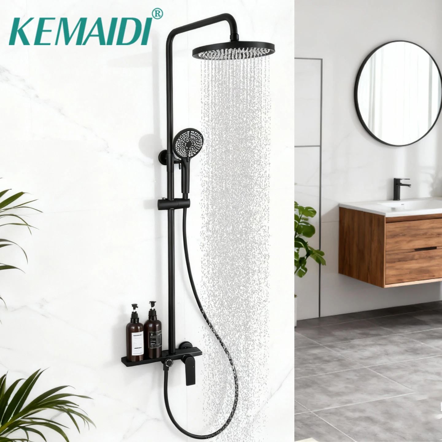 

KEMAIDI Matte Black Bathroom Shower Set Rainfall Hot And Cold Control 3 Functions Bath Shower Faucet System W/ Hand Shower
