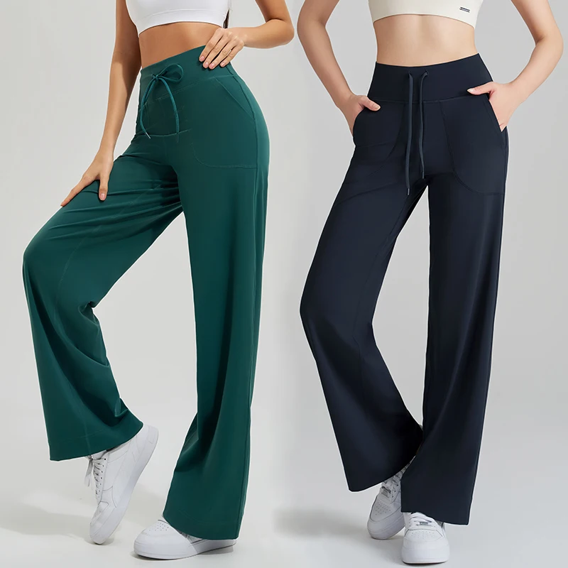 Pantalon de Yoga taille haute pour femmes, ample, course à pied, Double face brossé avec poches, cravates