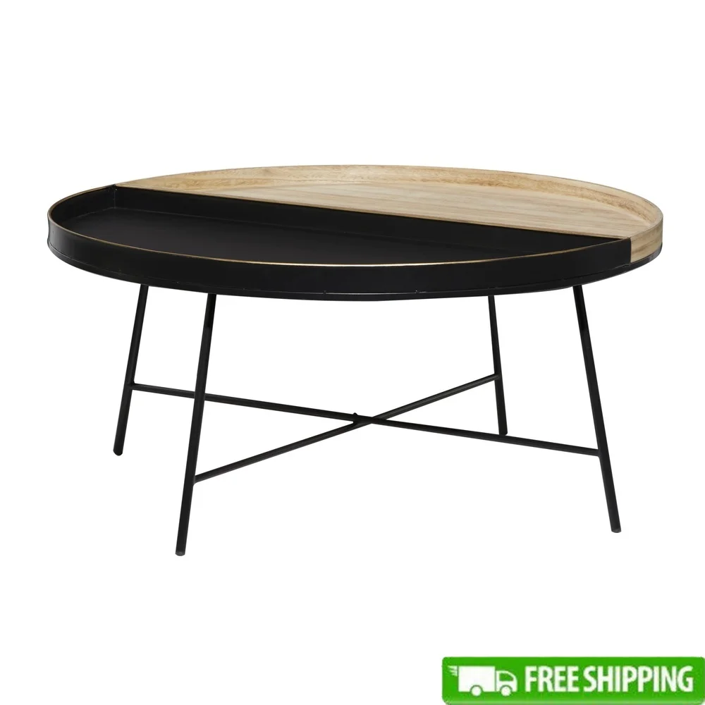 

Contemporary Black Metal Round Coffee Table with Unique Tray Top Design Sturdy Legs Living Room Indoor Use