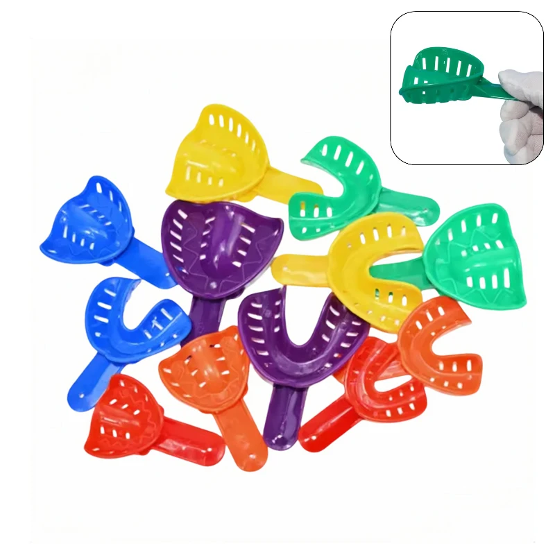 12pcs 치과 인상 트레이 일회용 플라스틱 다채로운 치아 홀더 성인과 어린이를위한 치과 재료 구강 관리 도구