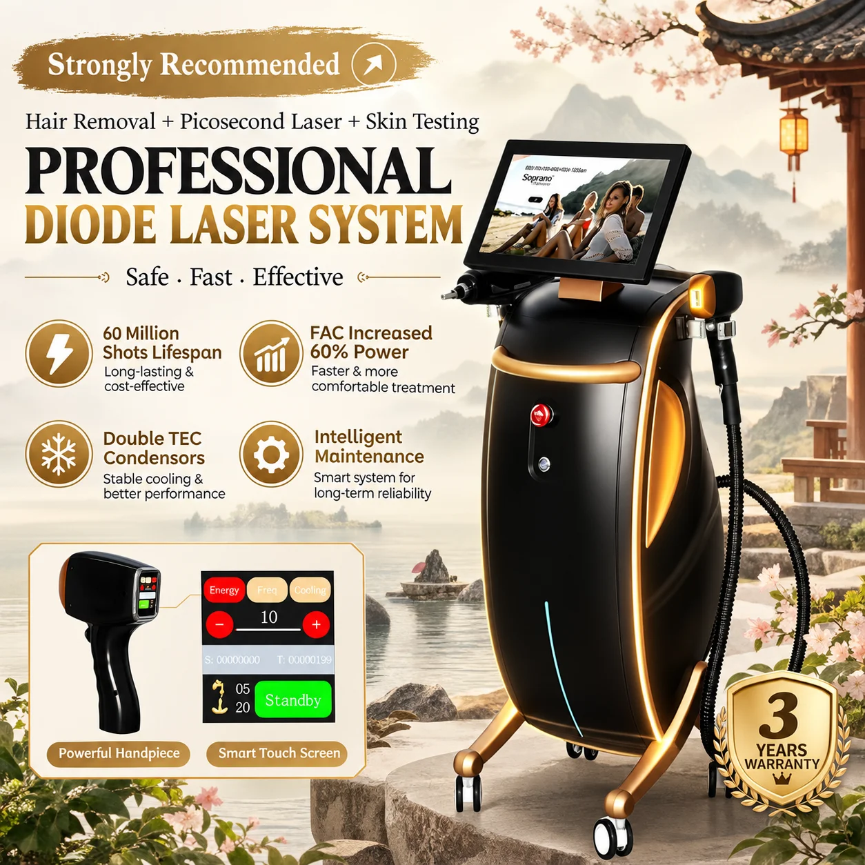 Multifunctional 3-in-1 Laser Equipment, Diode Hair Removal, Picosecond Tattoo Removal, Skin & Hair Analyzer for Salon