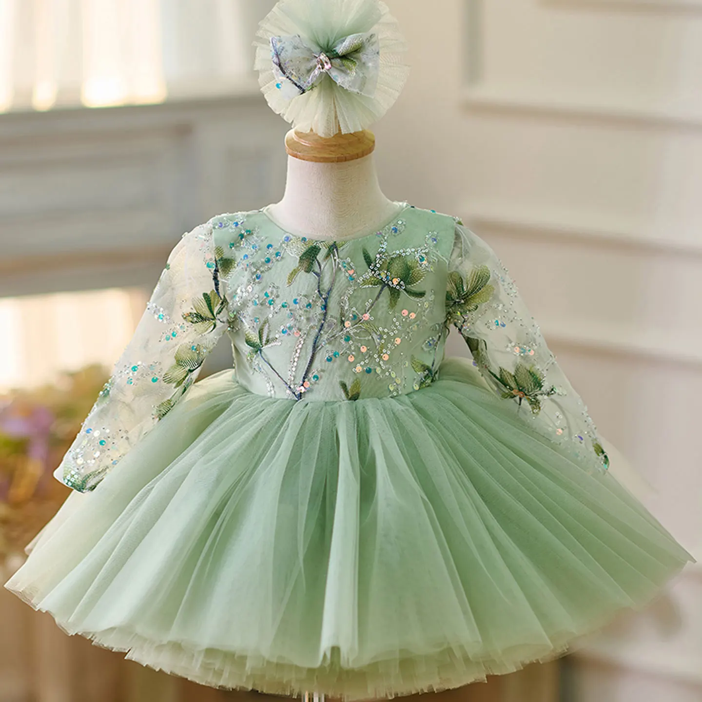 Jill Wish Sage Green Baby Lace Long Sleeve Adorable Girl Dress with Bow Knee Length Princess Wedding Birthday Party Gown J060