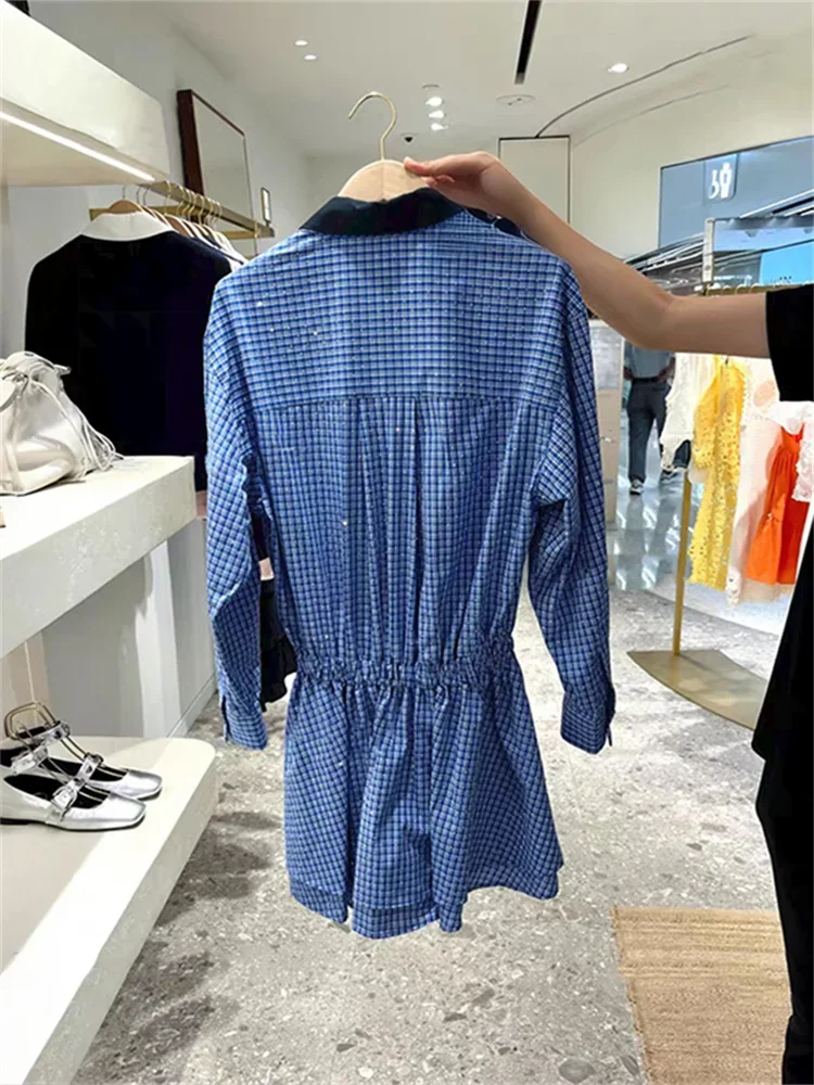 Combinaison à carreaux bleus pour femmes françaises – Col chemise avec strass et body à taille élastique