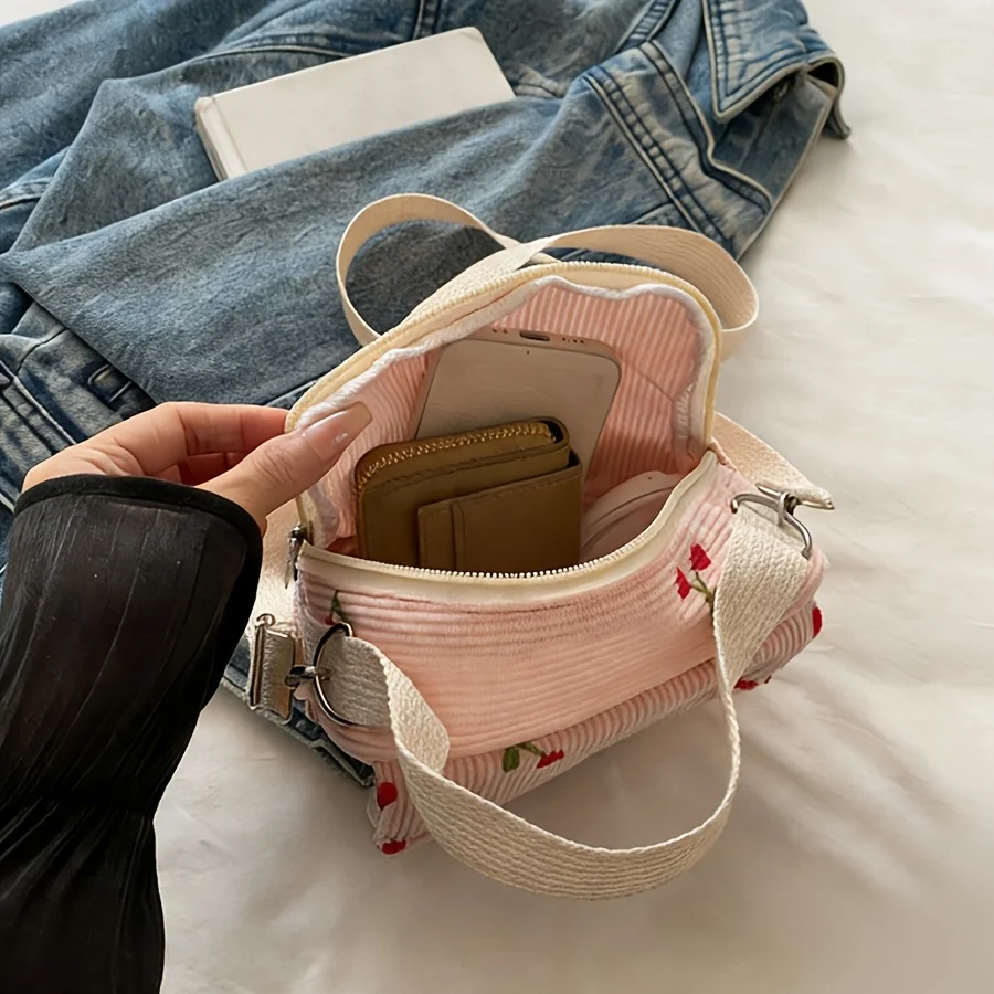 Cute Cherry Print Crossbody Bag, Versatile Corduroy Small Square Bag for Outings, Portable Handbag, Shoulder Bag, Christmas Holiday Gift for Wife or Girlfriend, Storage Bag image 4