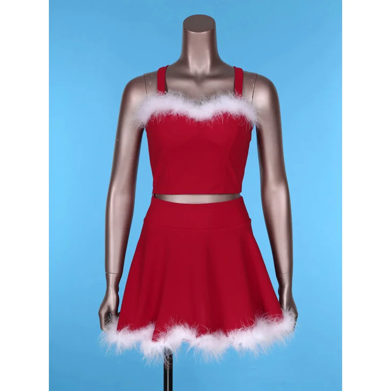 

ss13Женский рождественский костюм Санта-Клауса, наряды для косплея, укороченные топы с отделкой из искусственного меха и мини-юбка трапециевидной формы для новогодней тематической вечеринки