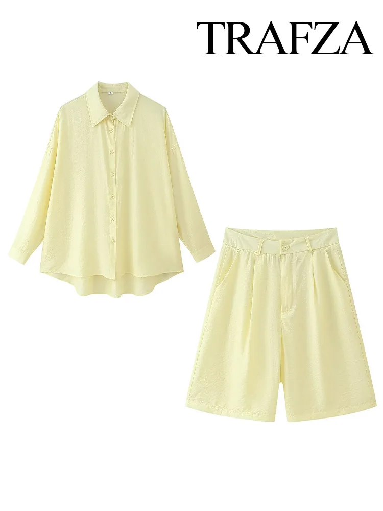 

TRAFZA Women Elegant Slim Yellow Sets Long Sleeves Single-Breasted Lapel Shirts+Summer High Waist Shorts Female Chic Suits