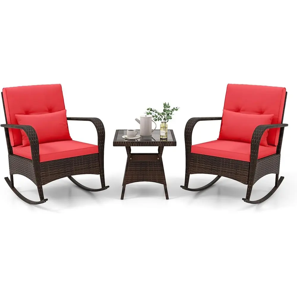 

Комплект из 3 предметов: уличный набор для бистро с креслами-качалками из ротанга PE, съемными подушками и кофейным столиком с закаленным стеклом