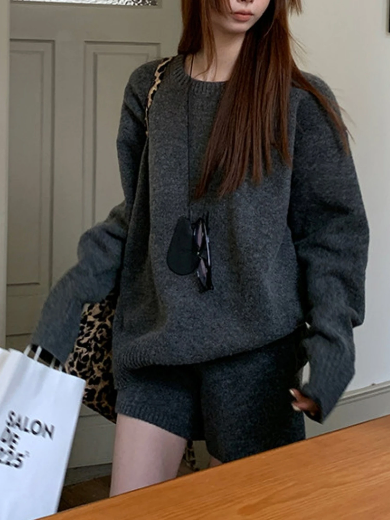 Gray Loose Knitted Sweater And Shorts Set Women's Fashionable Casual Autumn Winter Outfit Small Size Friendly Two Piece Set