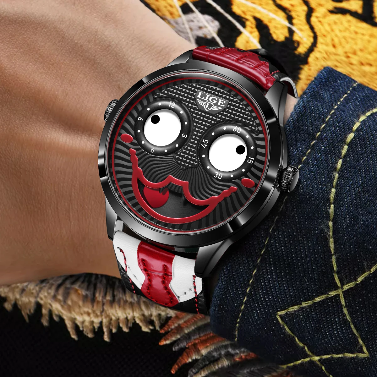 LIGE-Montre Joker créative pour homme, montre-bracelet à quartz, bracelet en cuir aught, phase de lune, personnalité masculine, horloge à visage de clown, drôle