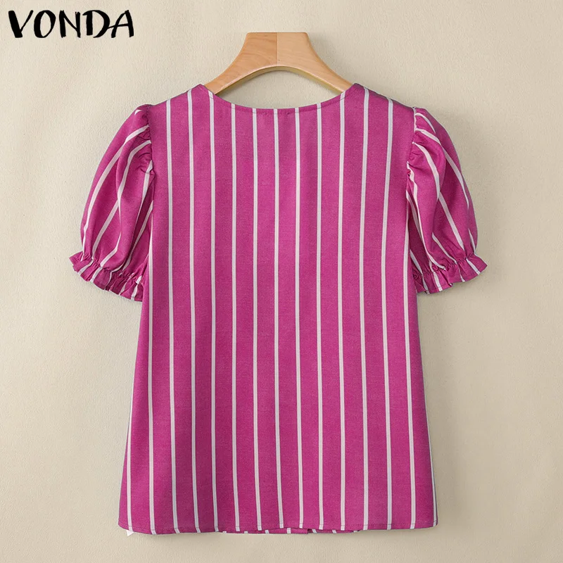 VONDA Summer Shirts Women Short Sleeve Striped Blouses 2025 Fashion Casual Puff Sleeve Ruffled Print Tops V-Neck Elegant Blusas