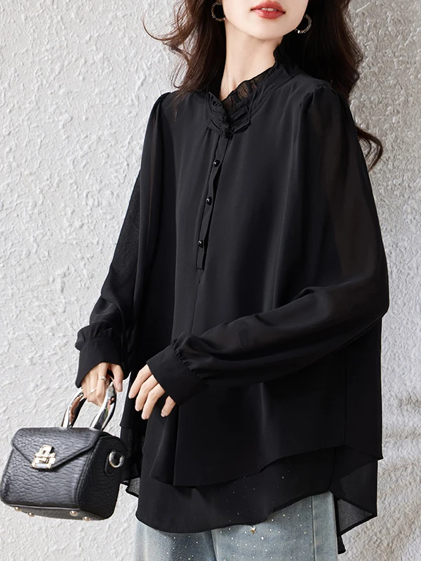 エレブラ スプライス ロングスリーブ スタンドカラー シフォン イルト レディース ファッション 春秋新作 スリープラスサイズ プロフェッショナル ブラ...