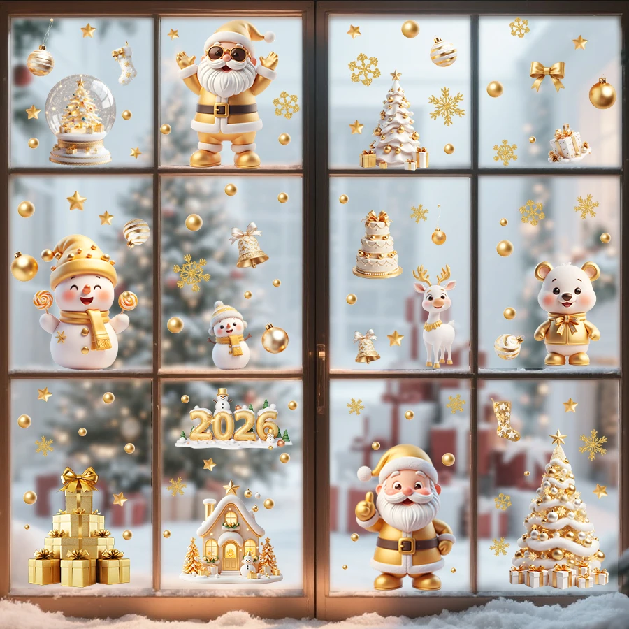 9 Stück goldene Weihnachtsmann-Schneemann-Fensteraufkleber für Kinderzimmer – abnehmbare Weihnachtsaufkleber, wiederverwendbare Weihnachtsdekoration
