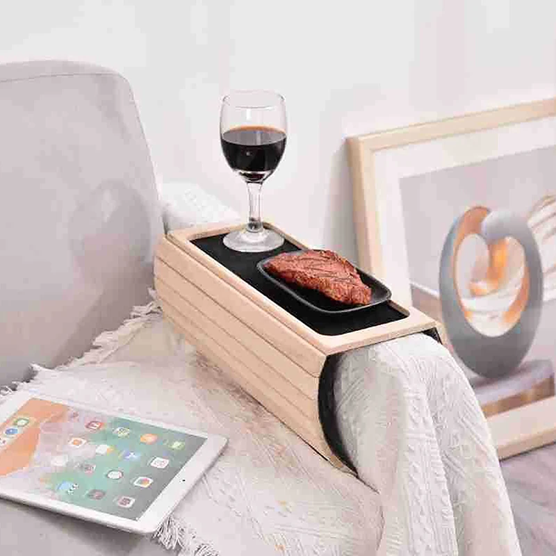 Bamboo Wood Sofa Arm Tray Table Anti-Slip Armrest Organizer Protector Drink Holder Coaster