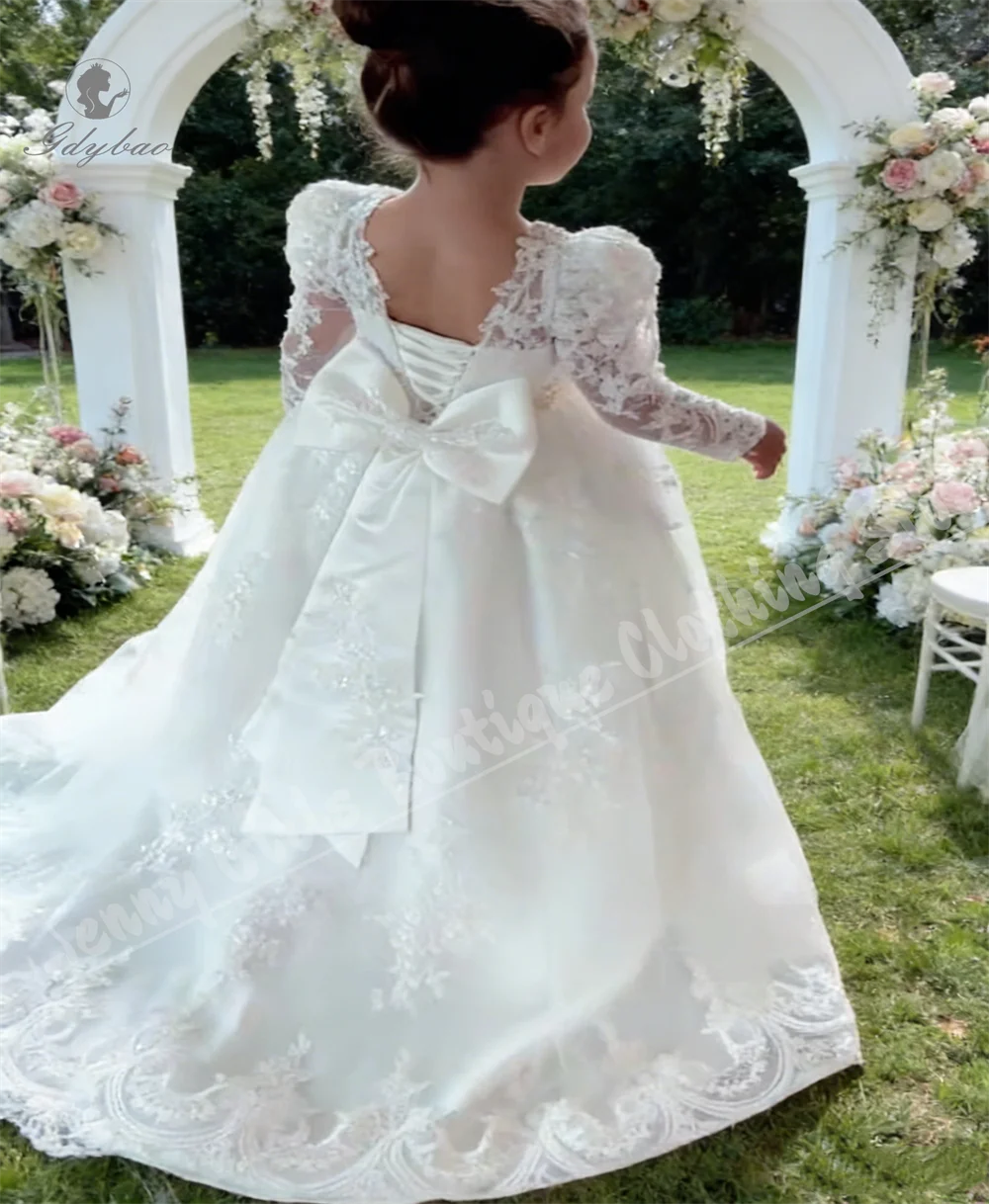 

Пышные платья цвета слоновой кости для девочек на свадьбу, с кружевной вышивкой и бантом, для дня рождения, первого причастия и торжественных мероприятий