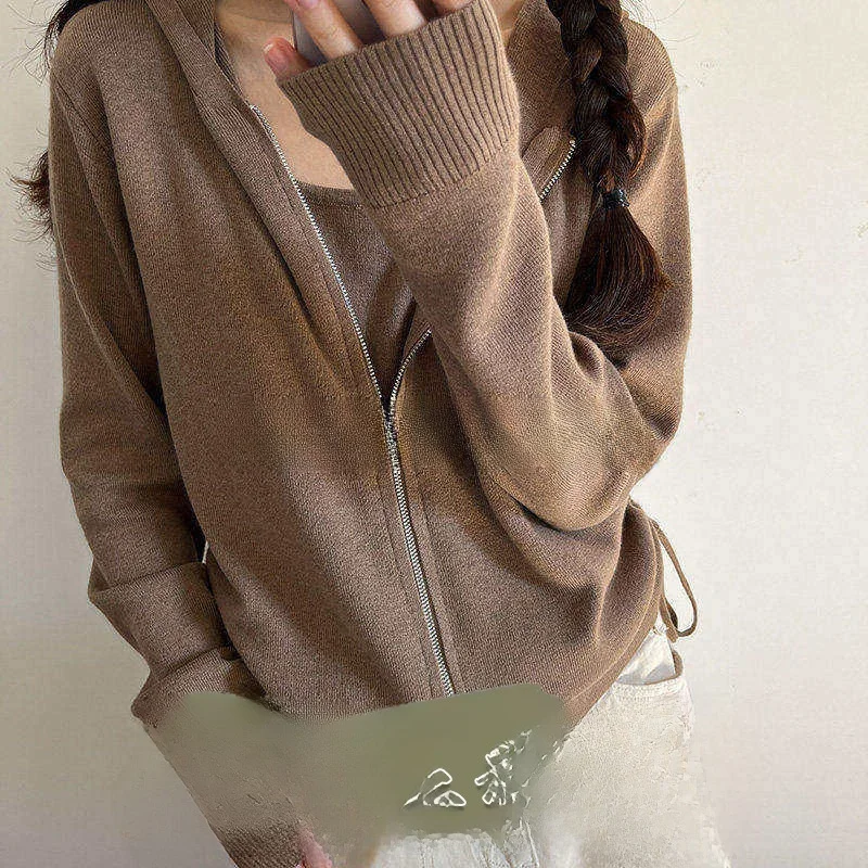 

Ретро простой цветной вязаный открытый кардиган с капюшоном и боковыми шнурками, мягкий удобный повседневный длинный свитер на молнии све