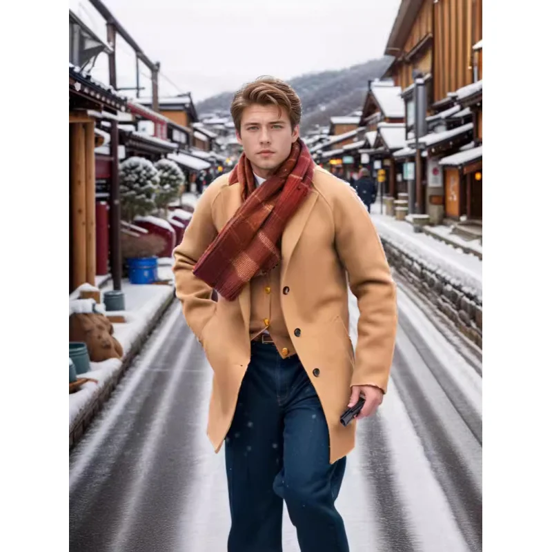 2024Casual Men's Clothing Youth Suit Autumn and Winter New Trendy Men's Solid Color Slim-Fit Woolen Coat Double-Faced Woolen Goo