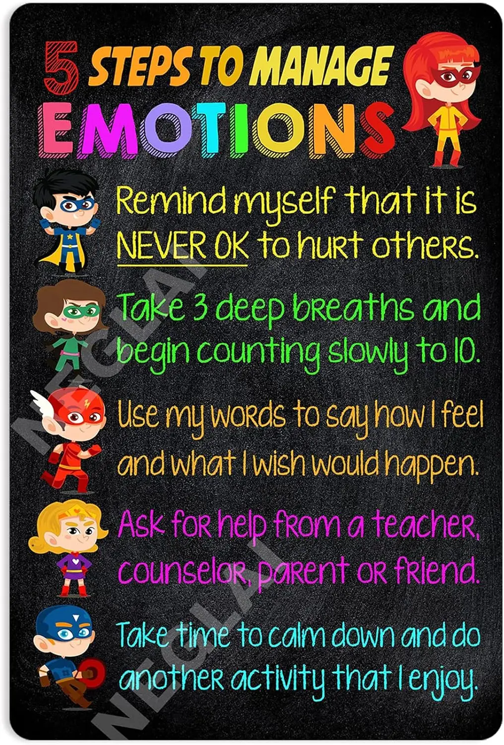 5 Steps To Manage Emotions Metal Signs Poster, Classroom Wall Decorations, Boy Bedroom Decor, Funny Gifts for Child 8x12 In sign