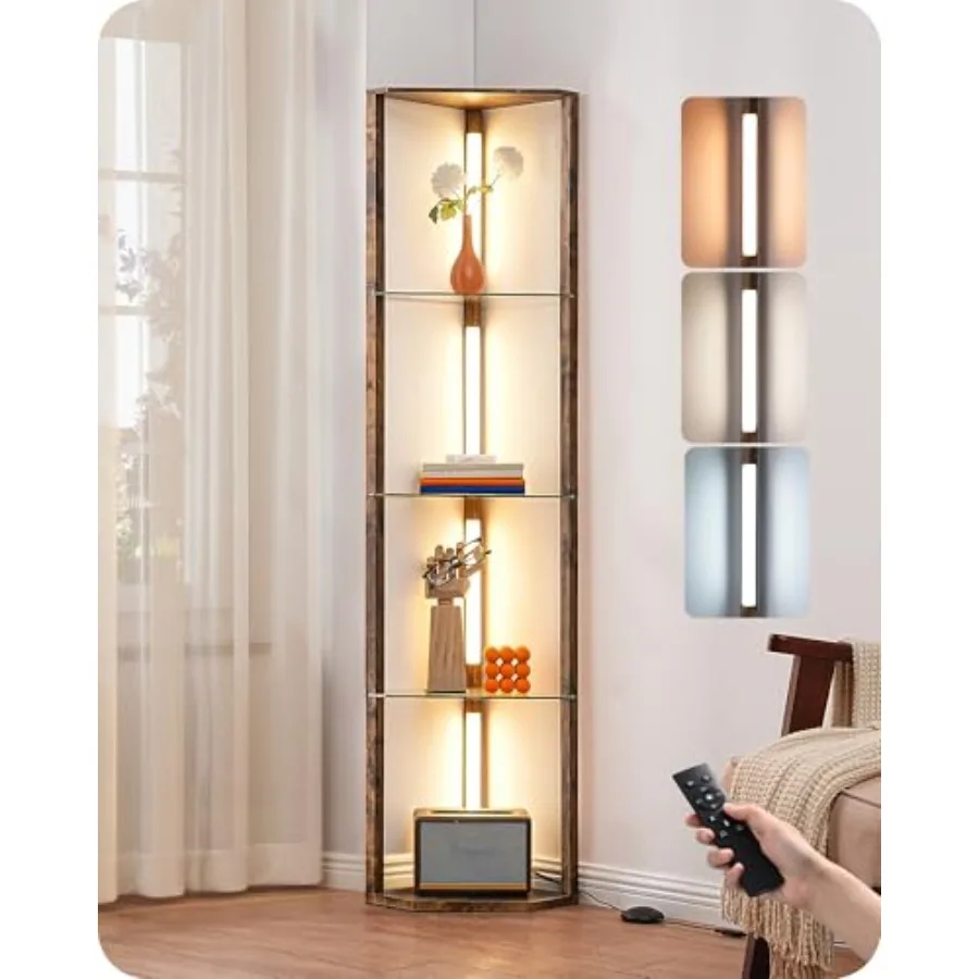 

5-Tier Glass Corner Display Shelf with Integrated Remote and Foot Control Dimmable Lamp in 3CCT Open-Style Standing Cabinet wit