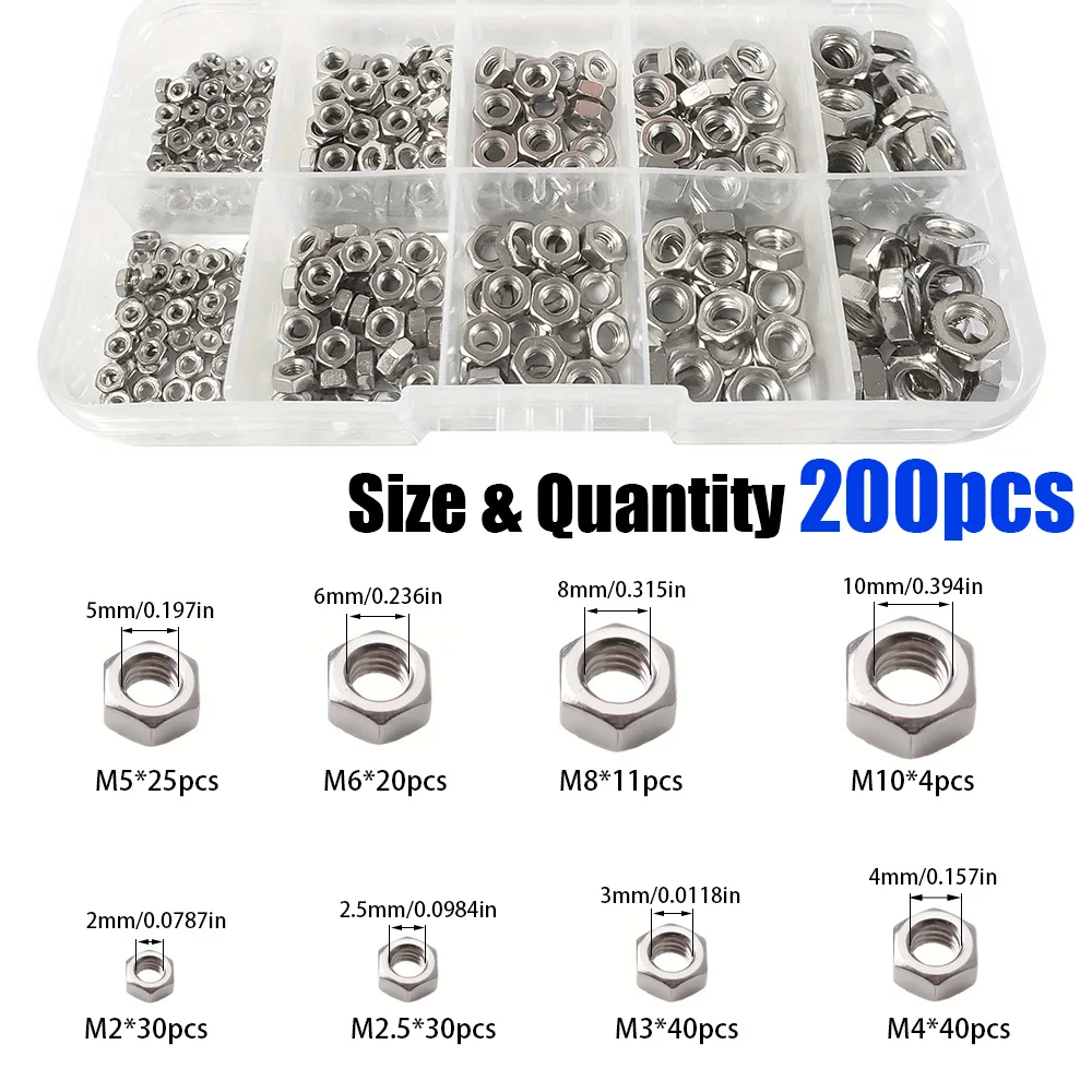 200 Pieces of M2-M10 Stainless Steel Hex Nuts, Suitable for Home and Outdoor Building Maintenance, and Machinery Parts.