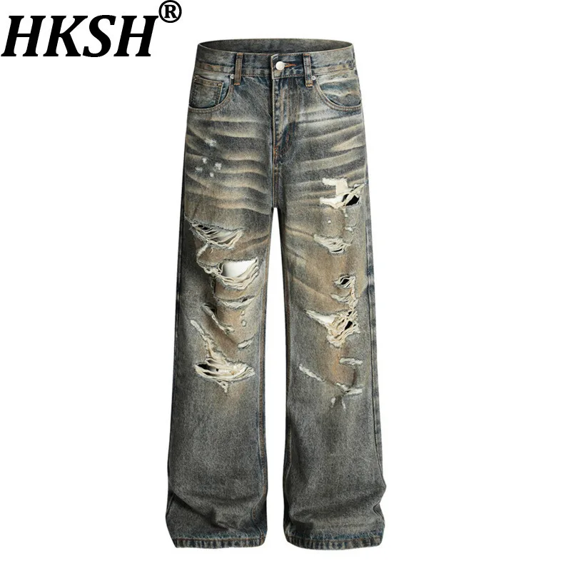 

HKSH Spring Summer New Men Chic Heavy Duty Vintage Distressed Ripped Jeans Ins Trendy Punk Fashion Washed Straight Pants HK6488