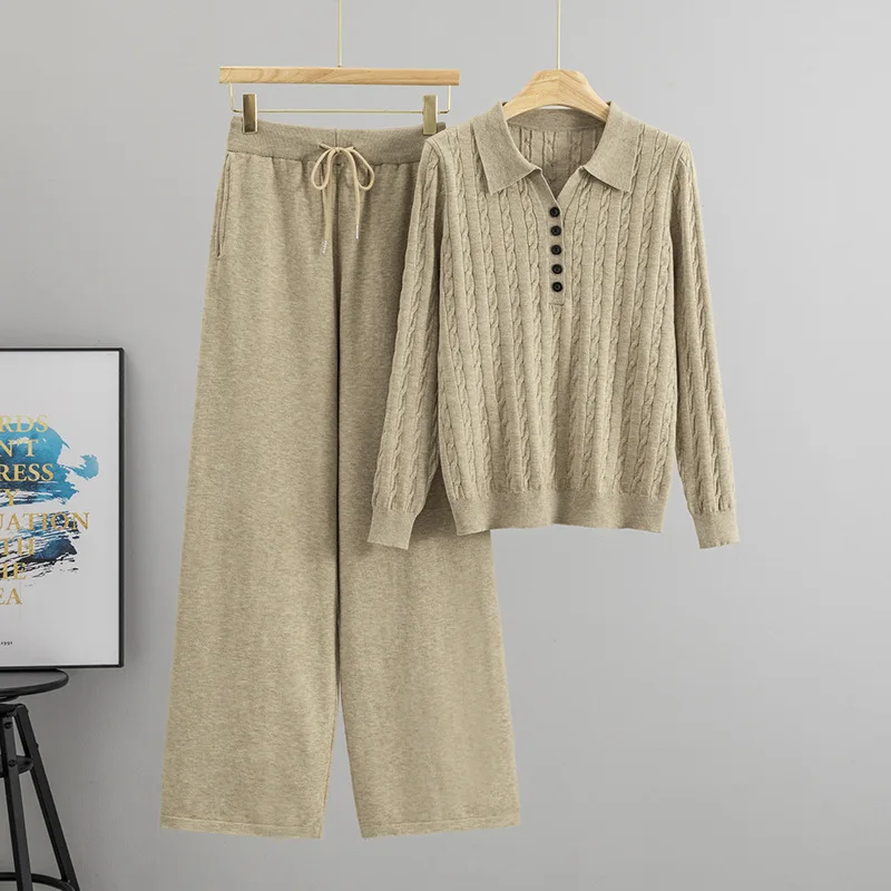 Women Pullover Sweater Wide Leg Pants 2 Piece Set Knit Top Ensemble Buttons Autumn Winter 2026 Vintage Knitwear Trousers Suit