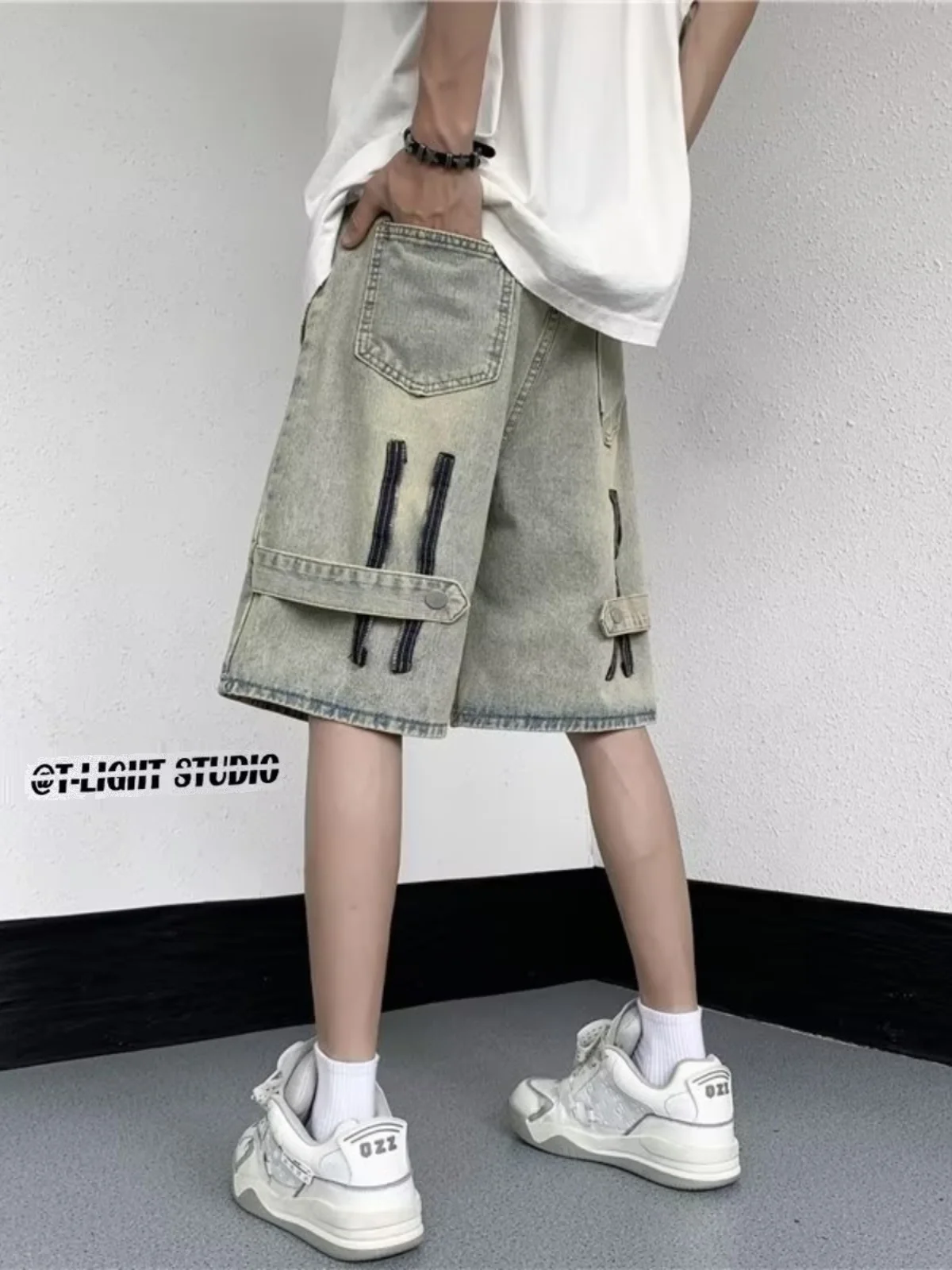 

Летние мужские свободные джинсовые шорты из тонкого денима, цвета желтой грязи, в американском уличном стиле, прямого кроя, модные, брендовые, повседневные, с пятью карманами.