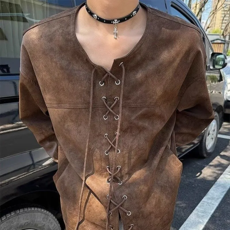 Autumn New Drawstring Cardigan Coats for Men American Retro Brown Motorcycle Faux Leather Jacket for Men Western Cowboy Jacket