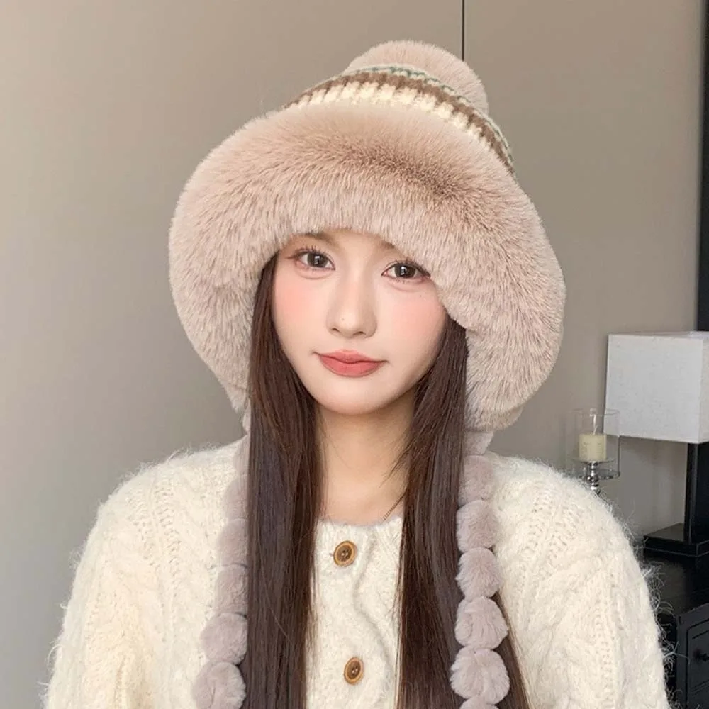 Fleece Lined Pompom Braids Hat Striped Knit Soft Yarn Fur Trim Trapper Windproof Fur Brim Fleece Knit Beanie Skating