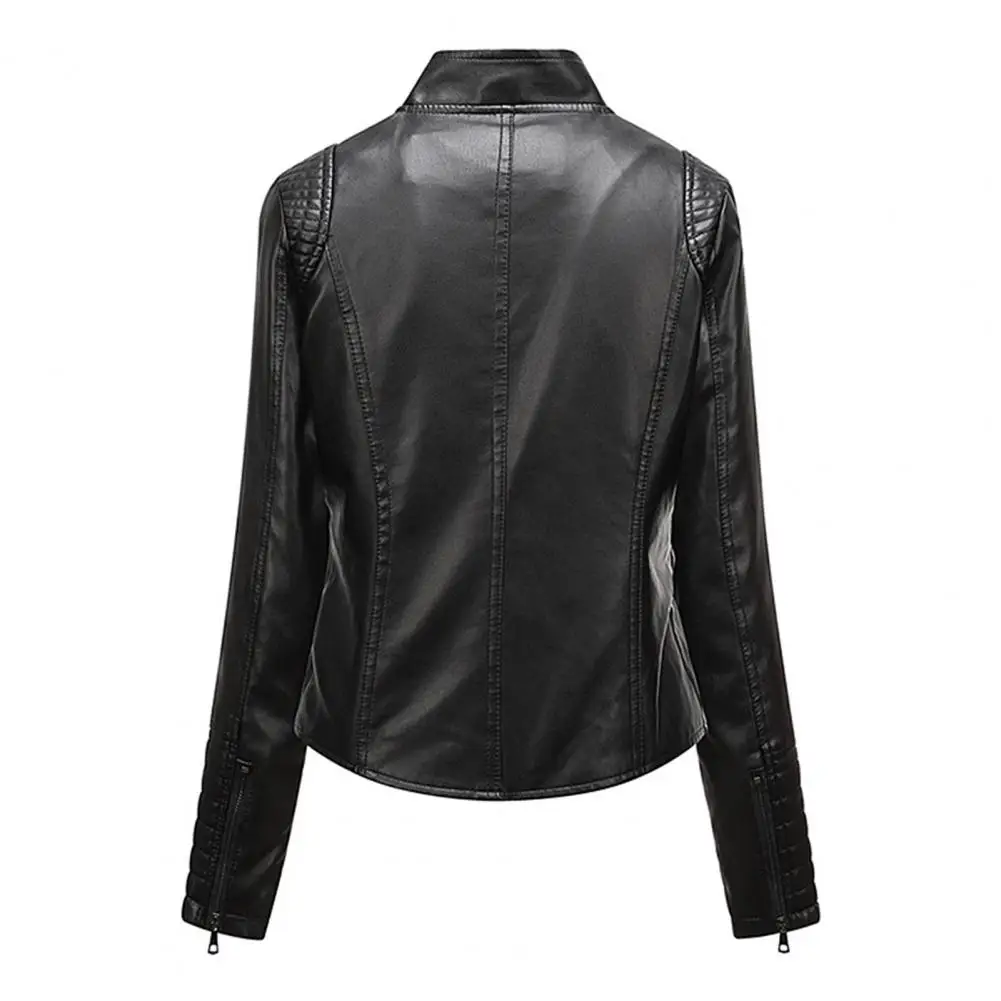 Veste en similicuir pour femme, col montant, taille serrée, manches longues, patte de boutonnage, manteau de motard, style fin, vêtements d'extérieur polyvalents