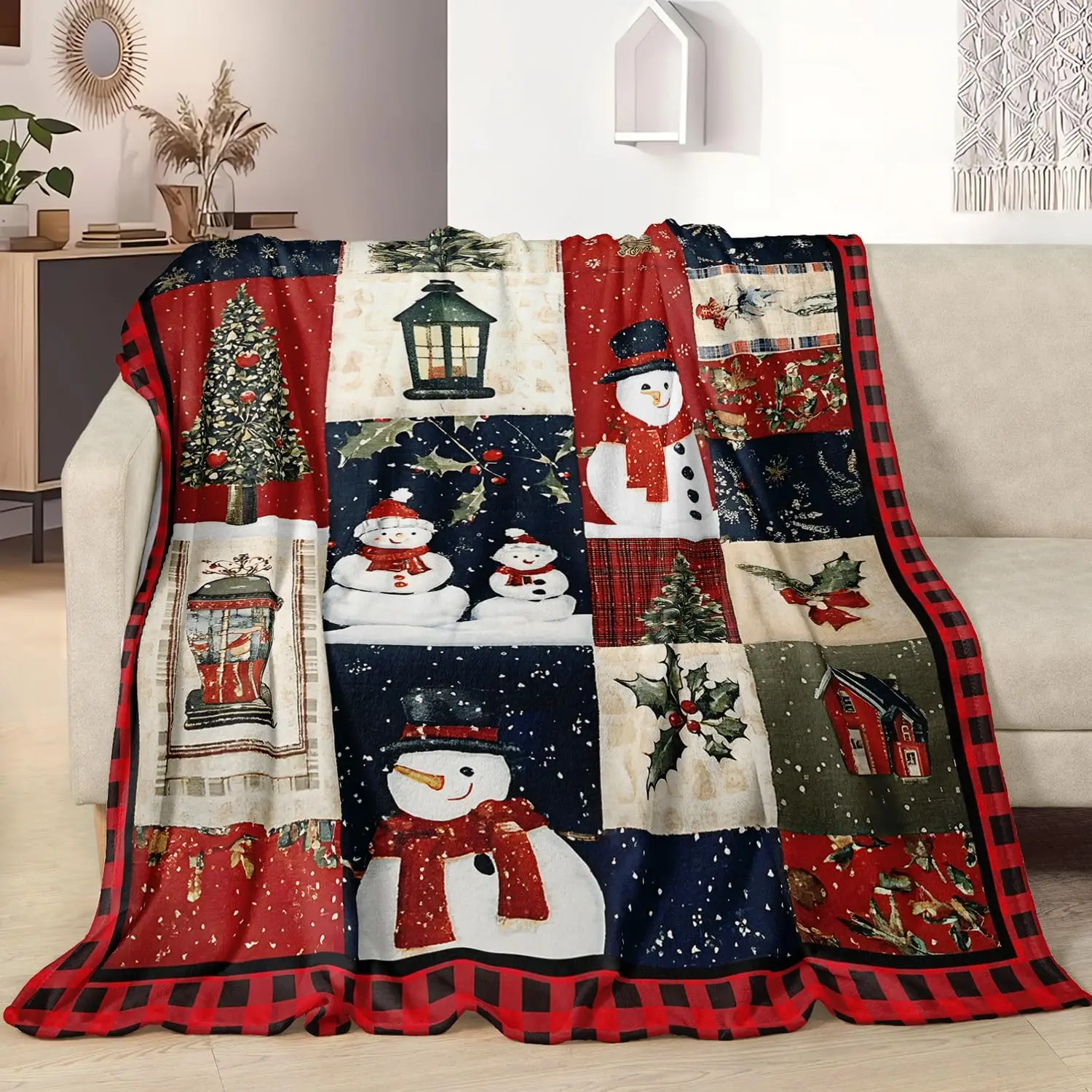 HOSIMA Soft Cozy Christmas Blanket,Red Patchwork Throw Blankets,70L*55W.